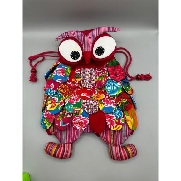 Owl Backpack Drawstring Quilted Patchwork Boho Retro Multicolored Festival - Picture 1 of 12